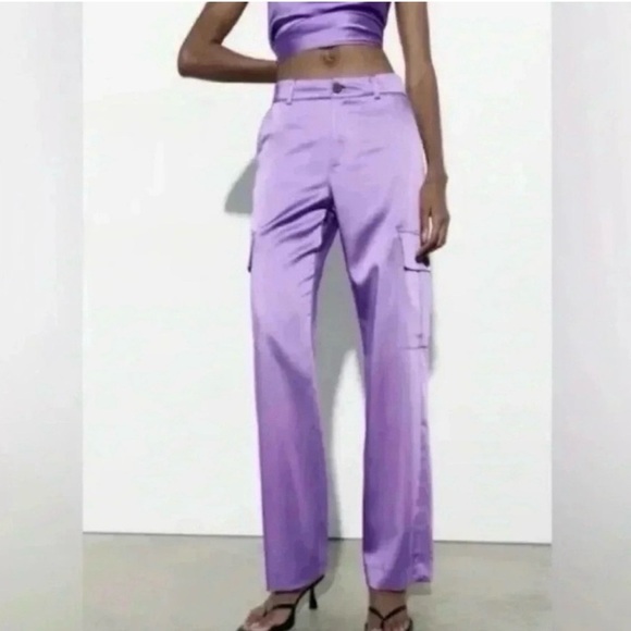 Zara Satin Lavender Cargo Pants Silky Straight Leg Utility Trousers Size XS - Picture 8 of 8